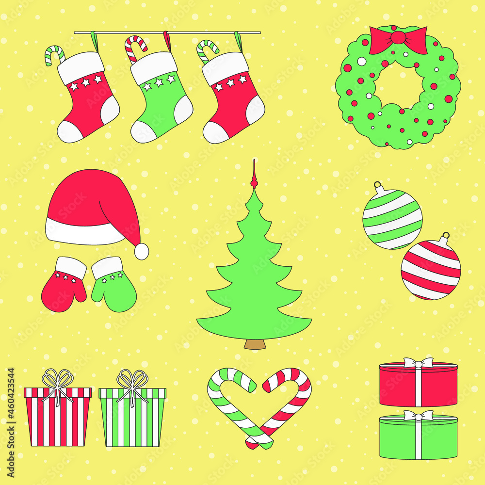 Christmas background with gifts and elements set