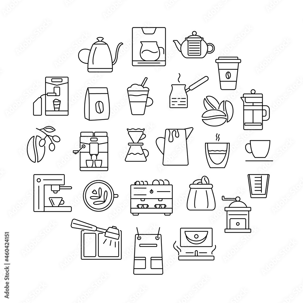 Barista and coffee accessories circle layout with outline icons. Cafe equipment. Isolated vector illustration Barista and coffee accessories circle layout with outline icons. Cafe equipment. Isolated vector illustration