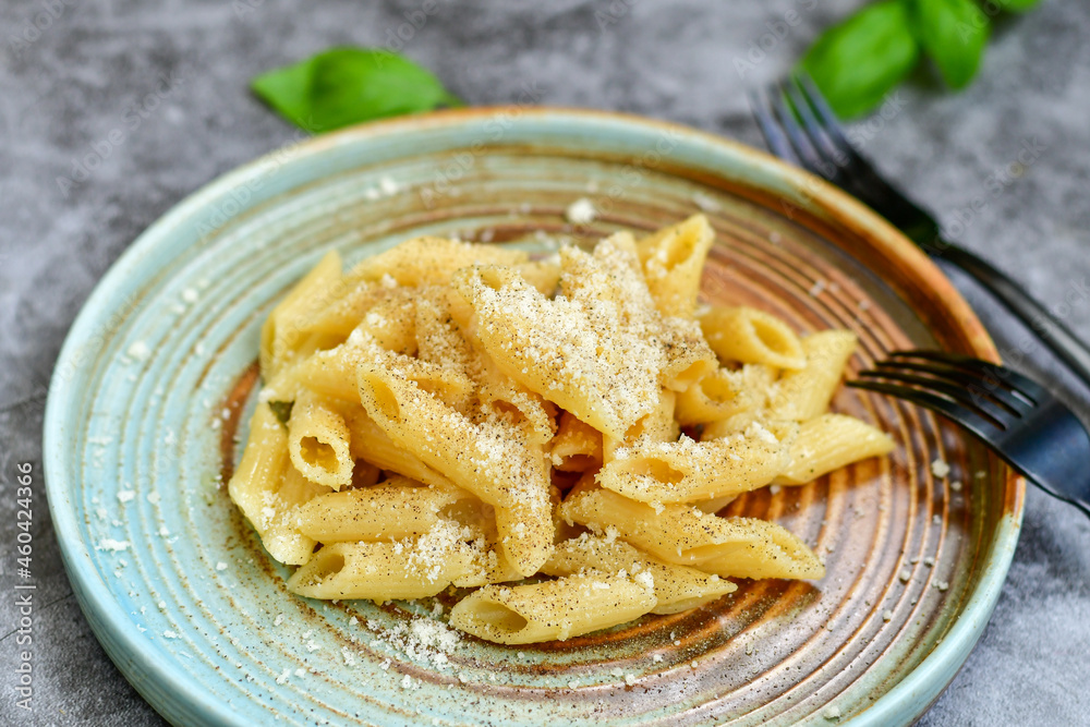 Home made fresh italian penne pasta cacio e pepe. Pasta with Parmesan cheese and black peper Home made fresh italian penne pasta cacio e pepe. Pasta with Parmesan cheese and black peper