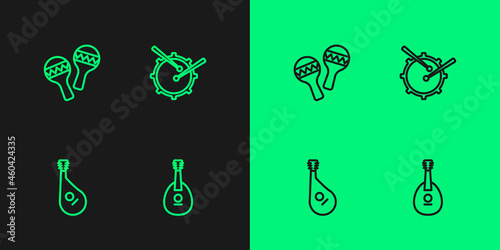 Set line Mandolin, Bandura, Maracas and Drum with drum sticks icon. Vector