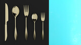 Gold spoon, fork and knife on a black background with blue sky,isolated,Top View Isolated,3d rendering
