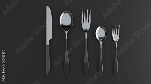 Silver spoon  fork and knife on a black background  isolated Top View Isolated 3d rendering