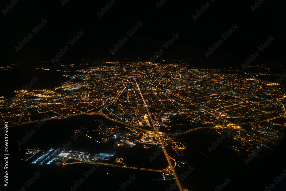 Night view from the window of the plane on takeoff on the city. Saint-Petersburg, Russia. Pulkovo airport.