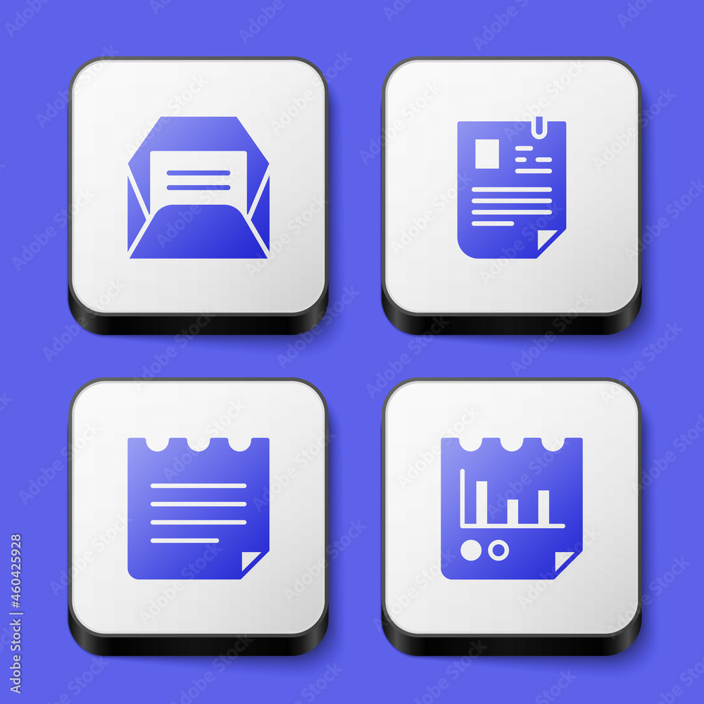 Fototapeta premium Set Envelope, Resume, Notebook and Document with graph chart icon. White square button. Vector