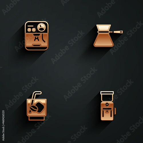 Set Coffee machine, turk, Espresso tonic coffee and Electric grinder icon with long shadow. Vector