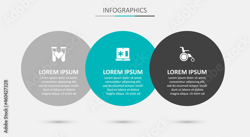 Set Clinical record on laptop, Test tube with blood and Wheelchair for disabled person. Business infographic template. Vector