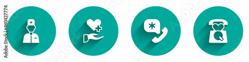 Set Male doctor, Heart with cross, Emergency call 911 and icon with long shadow. Vector