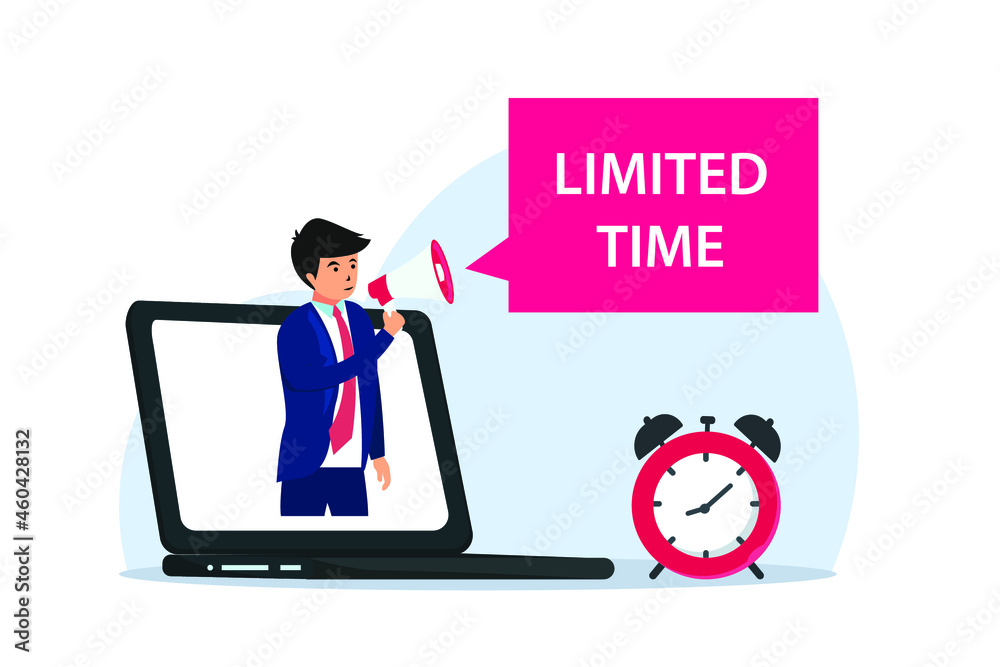 Businessman with megaphone announcing limited time through a laptop computer