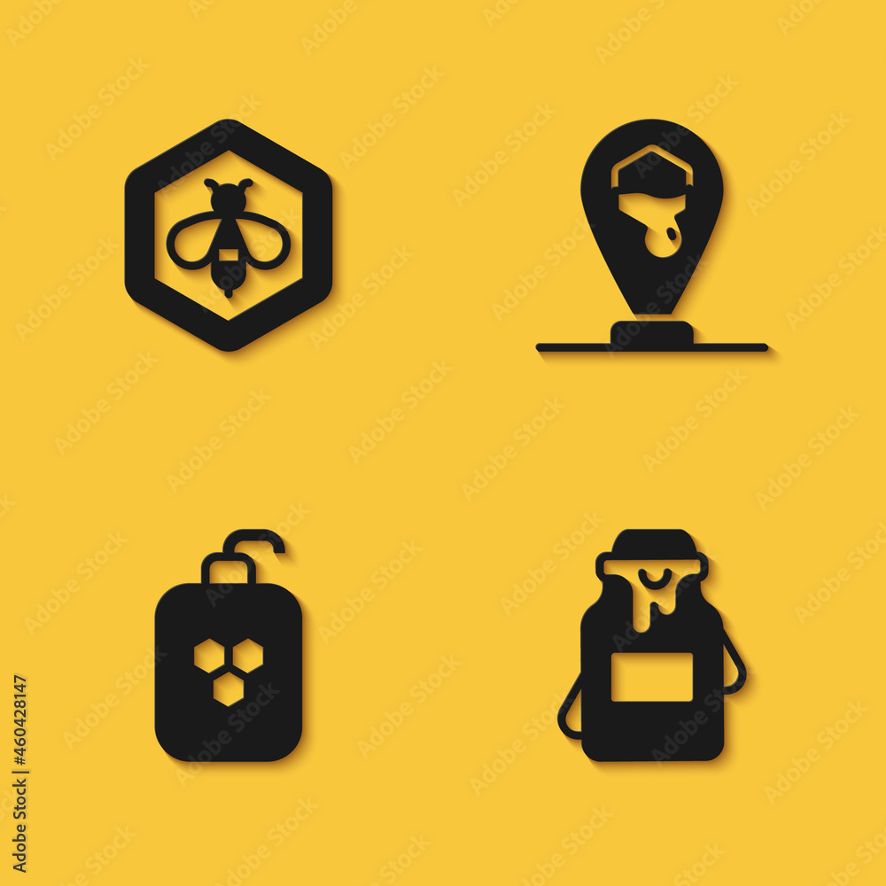Set Bee and honeycomb, Jar of, Cosmetic tube with and Honeycomb bee location icon with long shadow. Vector Set Bee and honeycomb, Jar of, Cosmetic tube with and Honeycomb bee location icon with long shadow. Vector