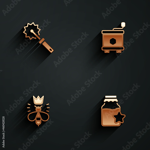 Set Cutter roll for honey, Honey extractor, Queen bee and Jar of icon with long shadow. Vector