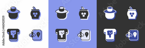 Set Bee location, Beekeeper with protect hat, Bread honey and Jar of and dipper stick icon. Vector