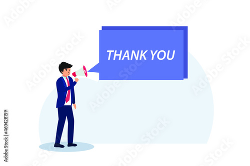 Businessman saying thank you with a megaphone, isolated on white background