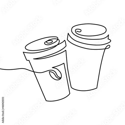  Line art cup of hot drink, two linear cups of coffee to take away. Hand drawn logo. 