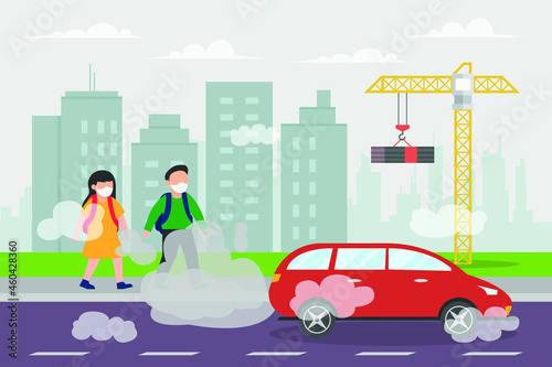 Air pollution vecAtor concept: Two children walking on the road with air pollution while wearing face mask