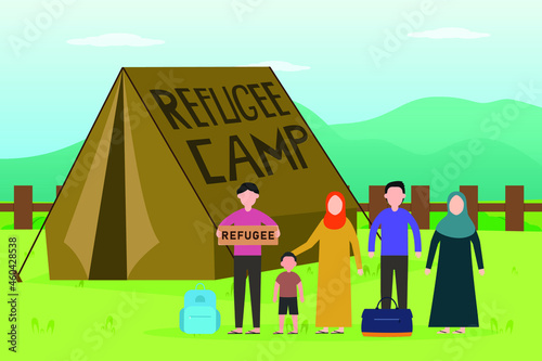 Refuge vector concept: Group of muslim refugees standing near the refugee camp with their bags