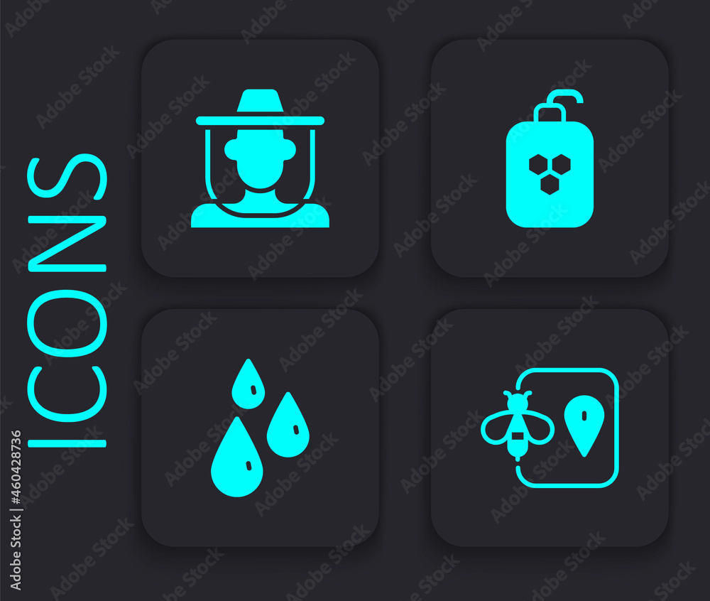 Set Bee location, Beekeeper with protect hat, Cosmetic tube honey and Drops of icon. Black square button. Vector