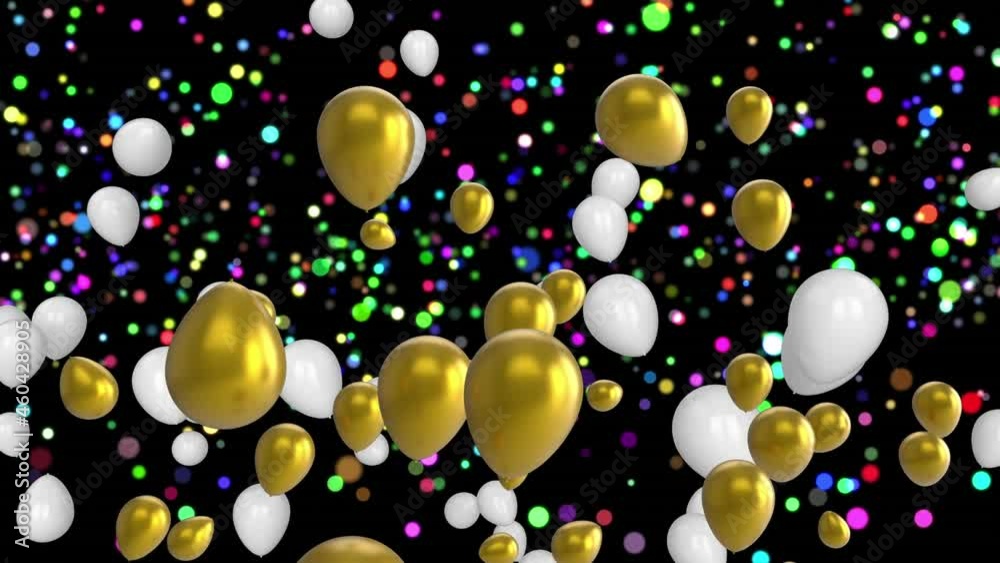Animation of golden and white balloons flying over glowing colorful lights