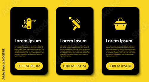 Set Case or box for fishing equipment, Fishing harpoon and Swiss army knife. Business infographic template. Vector