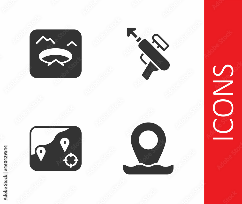 Set Location fishing, Winter, and Fishing harpoon icon. Vector