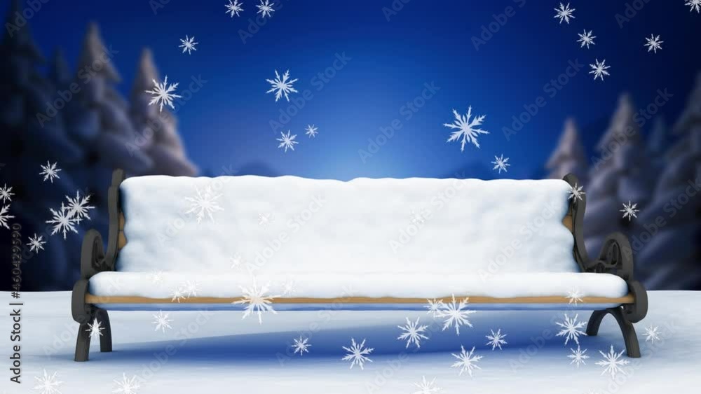 Animation of snow falling over bench and winter landscape