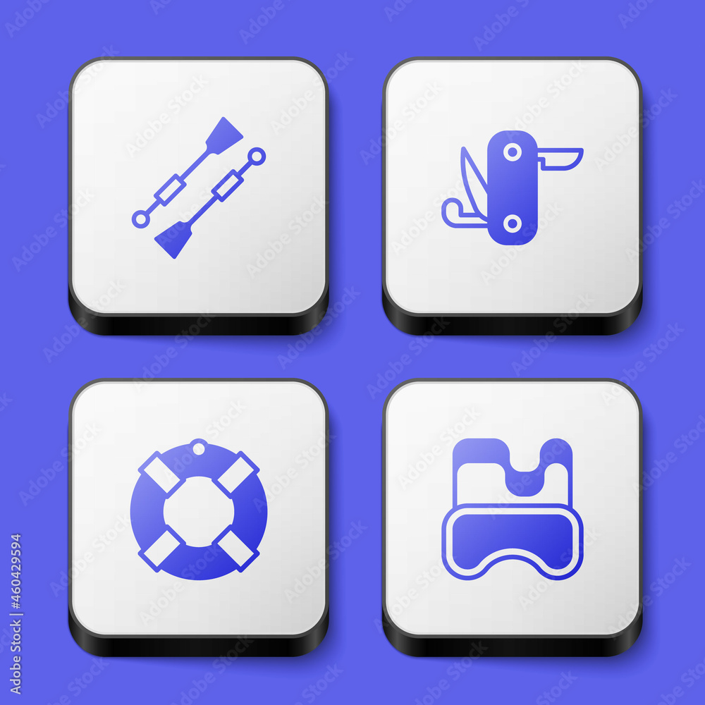 Set Oars or paddles boat, Swiss army knife, Lifebuoy and Diving mask icon. White square button. Vector Set Oars or paddles boat, Swiss army knife, Lifebuoy and Diving mask icon. White square button. Vector