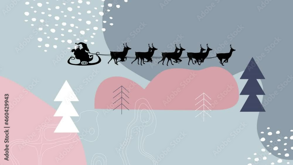 Animation of santa claus in sleigh with reindeer over vector winter landscape