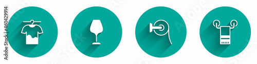 Set Drying clothes, Wine glass, Toilet paper roll and Towel on hanger icon with long shadow. Vector