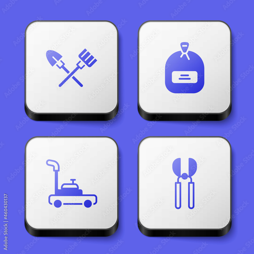 Set Shovel and rake, Pack full of seeds, Lawn mower and Gardening scissors icon. White square button. Vector Set Shovel and rake, Pack full of seeds, Lawn mower and Gardening scissors icon. White square button. Vector