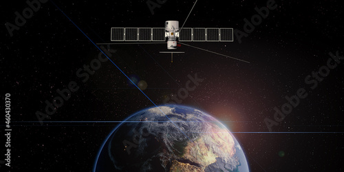 Communication satellite floating in space with a globe in the background transmitting via satellite 3D illustration
