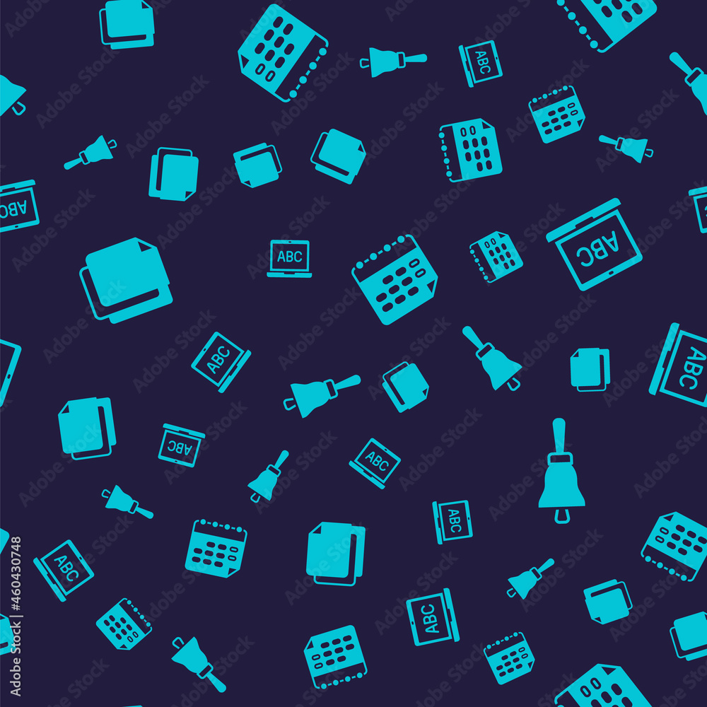 Set File document, Laptop, School timetable and Ringing bell on seamless pattern. Vector