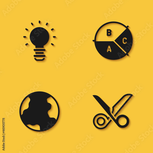 Set Creative lamp light idea  Scissors  Earth globe and Pie chart infographic icon with long shadow. Vector