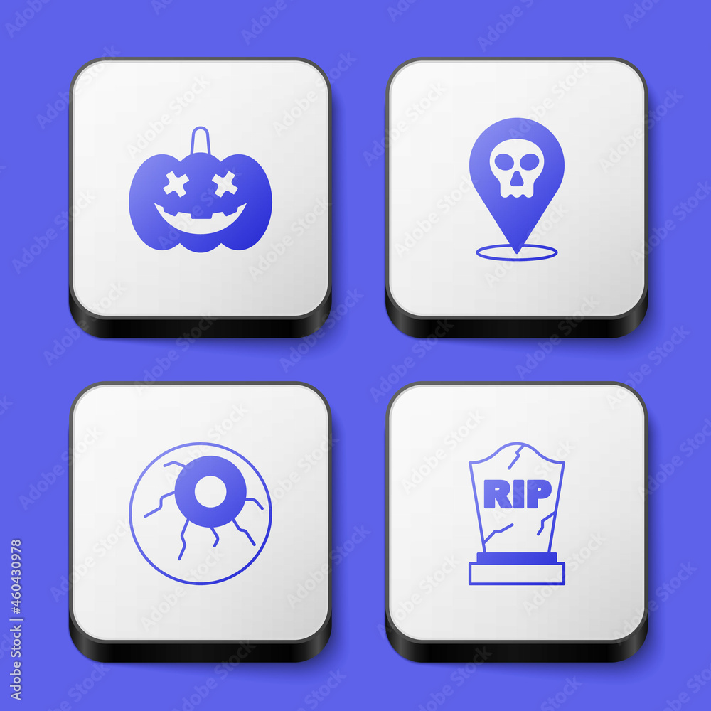 Set Pumpkin, Skull, Eye and Tombstone with RIP written icon. White square button. Vector