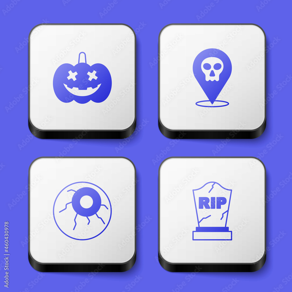 Set Pumpkin, Skull, Eye and Tombstone with RIP written icon. White square button. Vector Set Pumpkin, Skull, Eye and Tombstone with RIP written icon. White square button. Vector