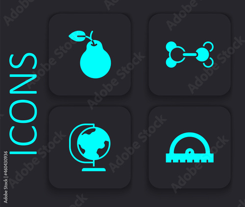 Set Protractor grid, Pear, Molecule and Earth globe icon. Black square button. Vector