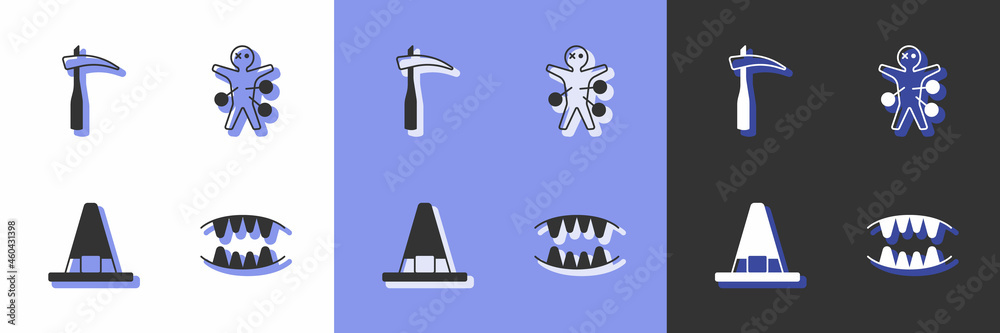 Set Vampire teeth, Scythe, Witch hat and Voodoo doll icon. Vector Set Vampire teeth, Scythe, Witch hat and Voodoo doll icon. Vector