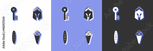 Set Ice cream in waffle, Old key, French baguette bread and Roman army helmet icon. Vector