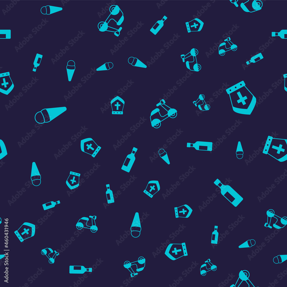 Set Ice cream in waffle, Pope hat, Scooter and Bottle of wine on seamless pattern. Vector Set Ice cream in waffle, Pope hat, Scooter and Bottle of wine on seamless pattern. Vector