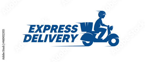 Express delivery label. Courier boy riding motor bike. Vector logo