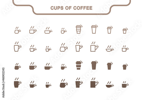 Simple vector icon set. Cups of coffee line and fill collection: coffee to go, americano, cappuccino, latte, espresso, flat white, raf, glace, mocachino, frappe, lungo, tea, hot chocolate