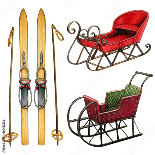 Watercolor hand drawn vintage skis and sleigh