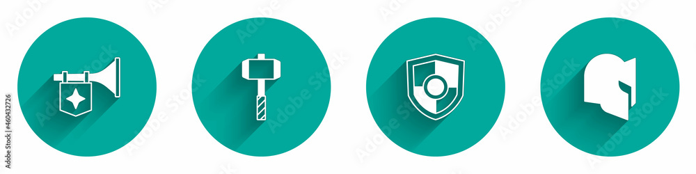 Set Trumpet with flag, Battle hammer, Shield and Medieval helmet icon with long shadow. Vector Set Trumpet with flag, Battle hammer, Shield and Medieval helmet icon with long shadow. Vector
