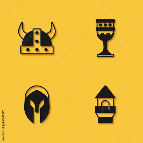 Set Viking in horned helmet, Castle tower, Medieval and goblet icon with long shadow. Vector