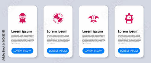 Set Medieval throne, Fleur de lys or lily flower, Round shield and helmet. Business infographic template. Vector