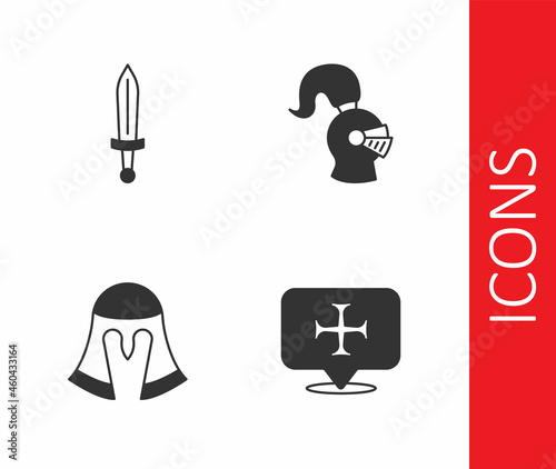 Set Crusade, Medieval sword, helmet and icon. Vector