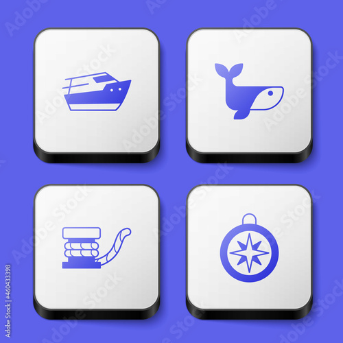 Set Speedboat, Whale, Marine bollard with rope and Compass icon. White square button. Vector