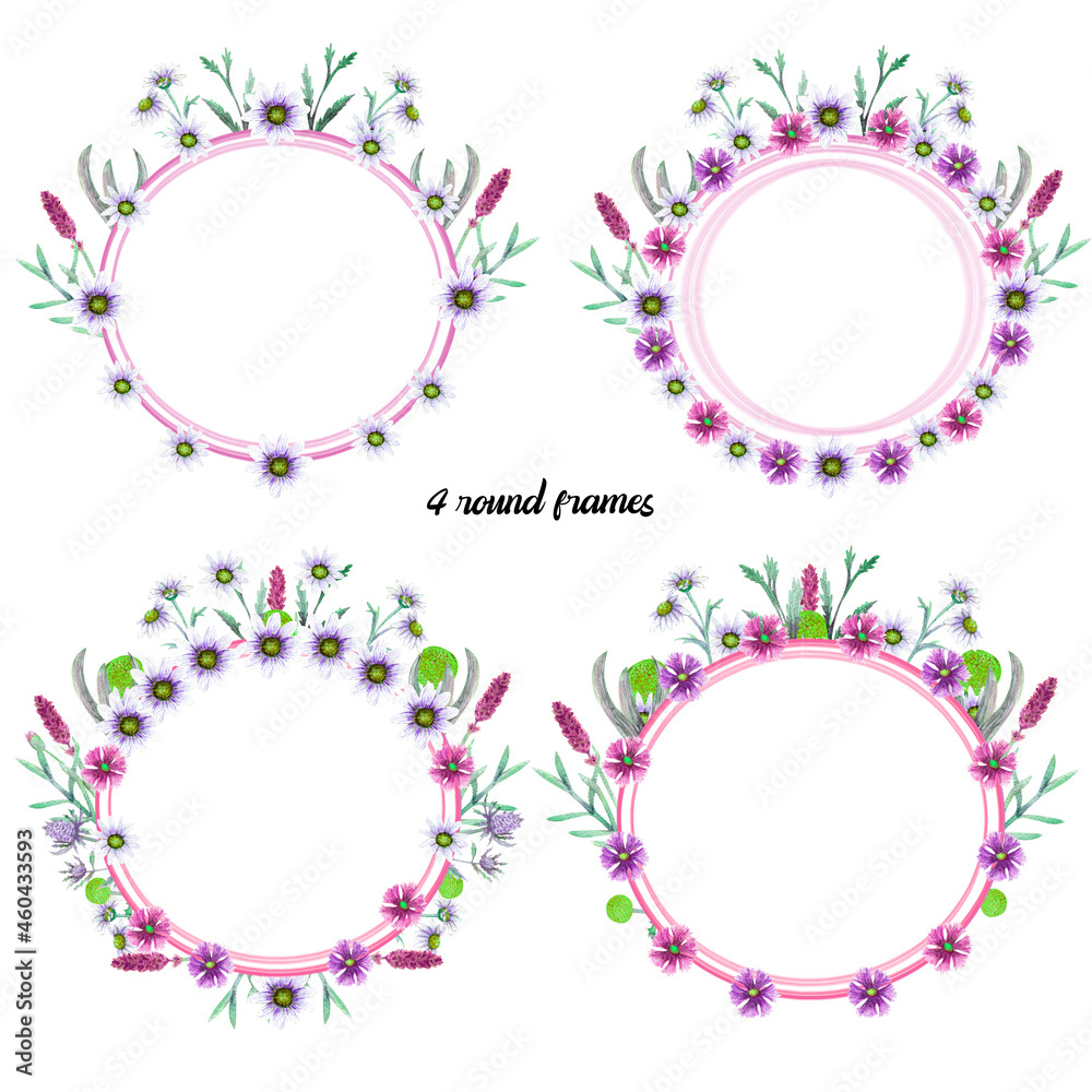 Set of 4 romantic wreaths. Think of happiness. Wildflowers in watercolors Set of 4 romantic wreaths. Think of happiness. Wildflowers in watercolors