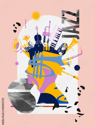 Canvas Print Musical poster design with musical instruments, live concert events, jazz music festivals and shows, party flyer