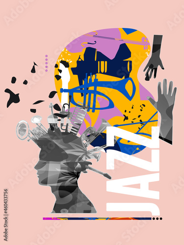 Musical poster design with musical instruments, live concert events, jazz music festivals and shows, party flyer. Musical promotional cover, colorful vector illustration, musical brochure, card