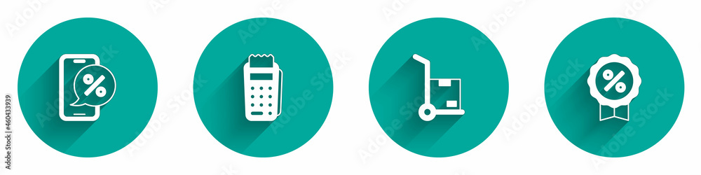 Set Percent discount on phone, POS terminal, Hand truck and boxes and Discount percent tag icon with long shadow. Vector Set Percent discount on phone, POS terminal, Hand truck and boxes and Discount percent tag icon with long shadow. Vector
