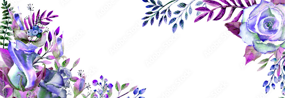 Frame with roses, leaves, berries, decorative twigs. Wedding concept with flowers. Watercolor composition in blue tones for greeting cards or invitations Frame with roses, leaves, berries, decorative twigs. Wedding concept with flowers. Watercolor composition in blue tones for greeting cards or invitations